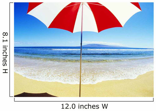 Red And White Umbrella On The Beach, Blue Sky And Ocean Wall Mural