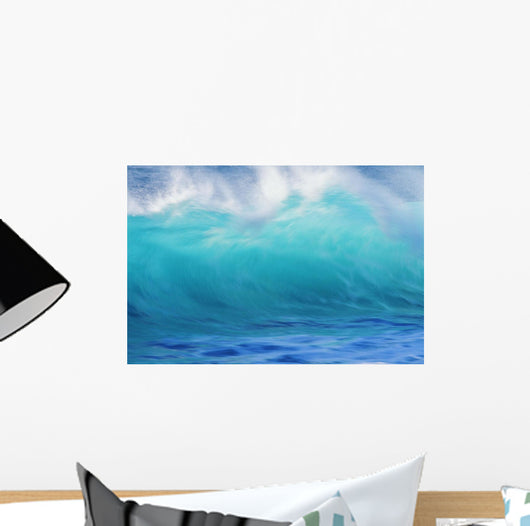 Turbulent Turquoise Wave With Windspray, Blurred Wall Mural