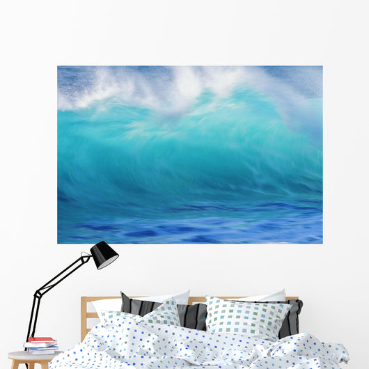 Turbulent Turquoise Wave With Windspray, Blurred Wall Mural