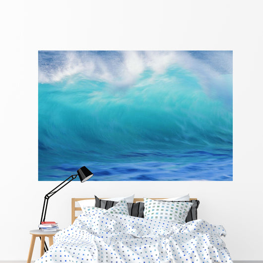 Turbulent Turquoise Wave With Windspray, Blurred Wall Mural