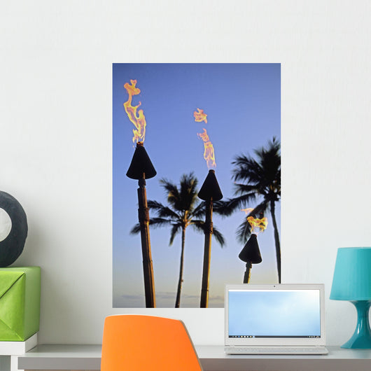 Hawaii, Tiki Torches Lit At Dusk, Palm Trees And Blue Sky Wall Mural