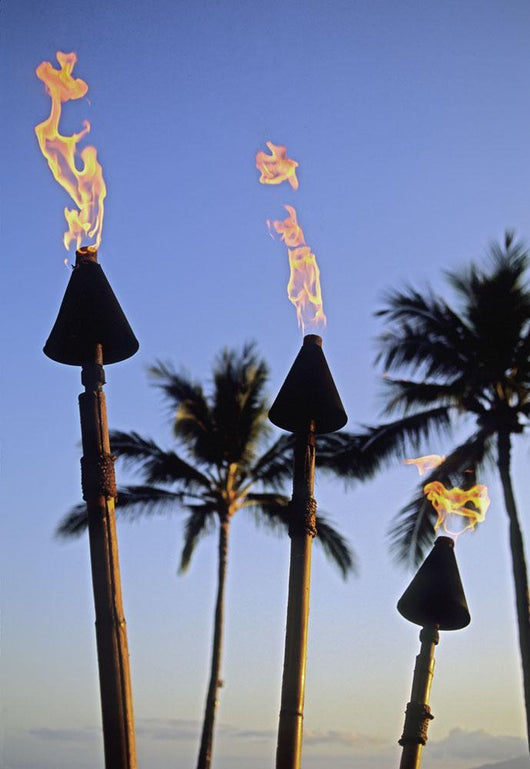 Hawaii, Tiki Torches Lit At Dusk, Palm Trees And Blue Sky Wall Mural