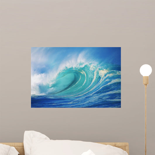 Large Wave Curling Breaking With White Mist Blowing Back Wall Mural