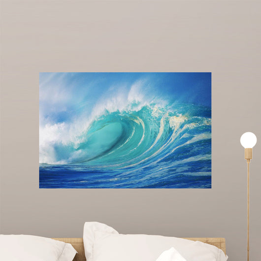 Large Wave Curling Breaking With White Mist Blowing Back Wall Mural