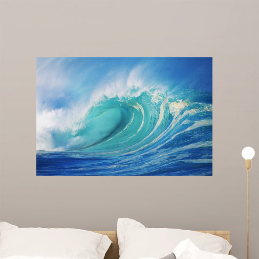 Large Wave Curling Breaking With White Mist Blowing Back Wall Mural