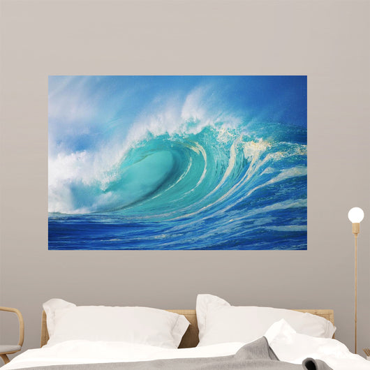 Large Wave Curling Breaking With White Mist Blowing Back Wall Mural
