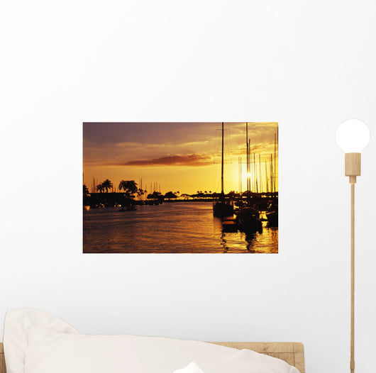 Hawaii, Oahu, Waikiki Yacht Harbor At Sunset Wall Mural
