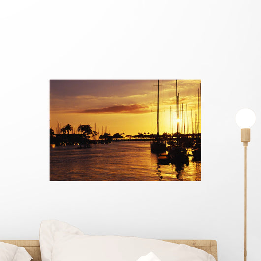 Hawaii, Oahu, Waikiki Yacht Harbor At Sunset Wall Mural