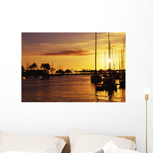 Hawaii, Oahu, Waikiki Yacht Harbor At Sunset Wall Mural