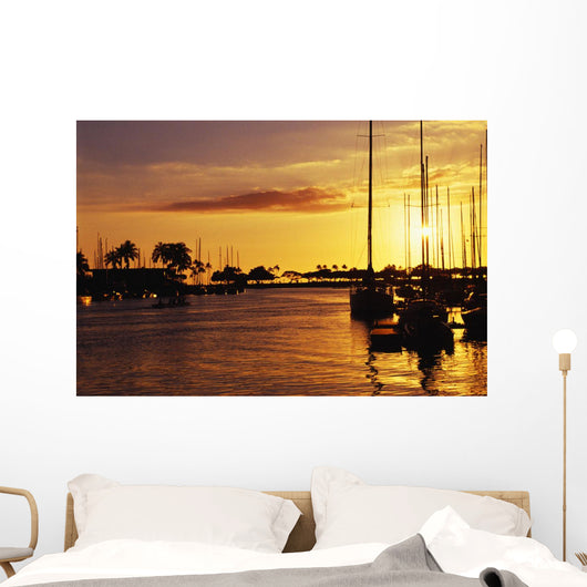 Hawaii, Oahu, Waikiki Yacht Harbor At Sunset Wall Mural
