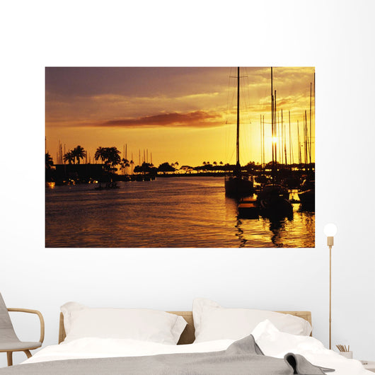 Hawaii, Oahu, Waikiki Yacht Harbor At Sunset Wall Mural