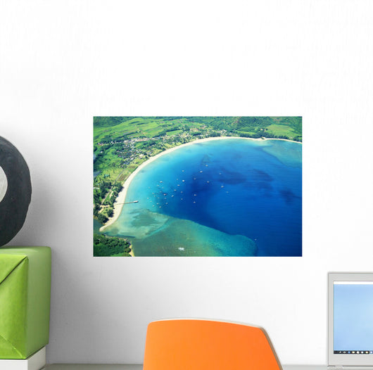 Hawaii, Kauai, Aerial Of Hanalei Bay, Boats In Ocean Wall Mural