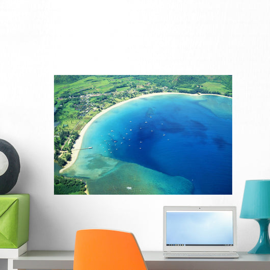 Hawaii, Kauai, Aerial Of Hanalei Bay, Boats In Ocean Wall Mural