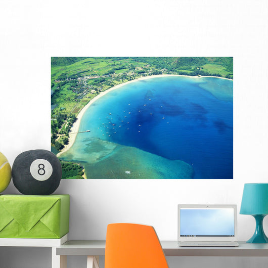 Hawaii, Kauai, Aerial Of Hanalei Bay, Boats In Ocean Wall Mural