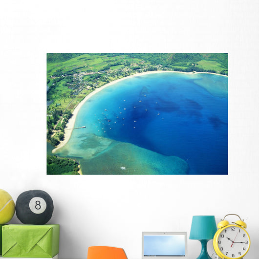 Hawaii, Kauai, Aerial Of Hanalei Bay, Boats In Ocean Wall Mural