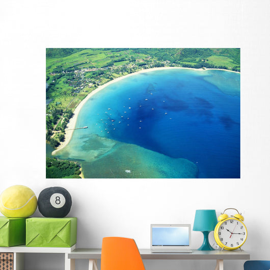 Hawaii, Kauai, Aerial Of Hanalei Bay, Boats In Ocean Wall Mural