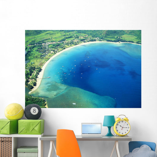 Hawaii, Kauai, Aerial Of Hanalei Bay, Boats In Ocean Wall Mural