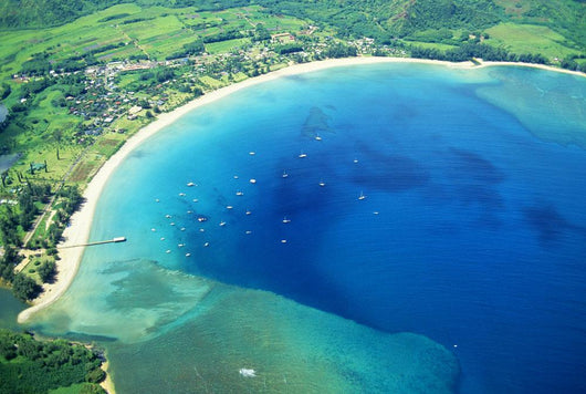 Hawaii, Kauai, Aerial Of Hanalei Bay, Boats In Ocean Wall Mural