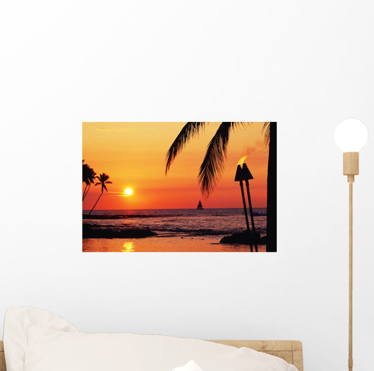Sailboat And Tiki Torches Wall Mural