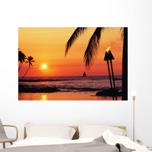 Sailboat And Tiki Torches Wall Mural