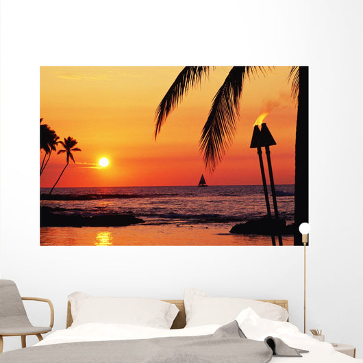 Sailboat And Tiki Torches Wall Mural
