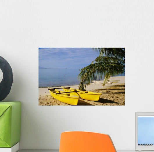 French Polynesia, Rangiroa, Kia Ora, Yellow Double Canoe On Beach Wall Mural