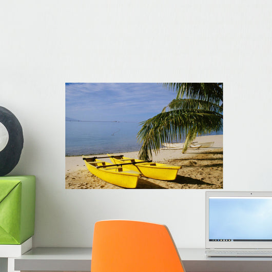 French Polynesia, Rangiroa, Kia Ora, Yellow Double Canoe On Beach Wall Mural