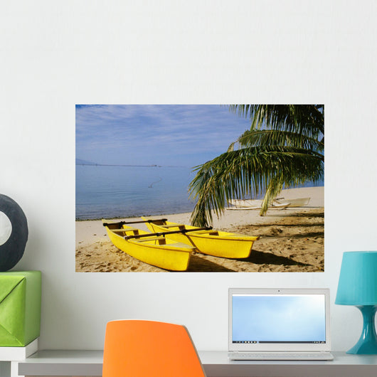 French Polynesia, Rangiroa, Kia Ora, Yellow Double Canoe On Beach Wall Mural