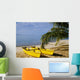 French Polynesia, Rangiroa, Kia Ora, Yellow Double Canoe On Beach Wall Mural