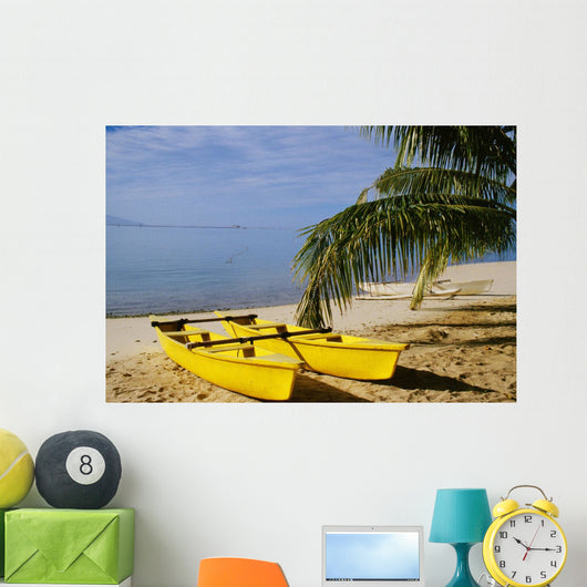 French Polynesia, Rangiroa, Kia Ora, Yellow Double Canoe On Beach Wall Mural
