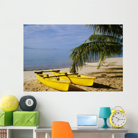 French Polynesia, Rangiroa, Kia Ora, Yellow Double Canoe On Beach Wall Mural