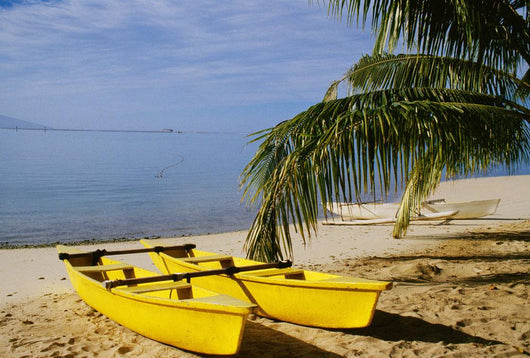 French Polynesia, Rangiroa, Kia Ora, Yellow Double Canoe On Beach Wall Mural