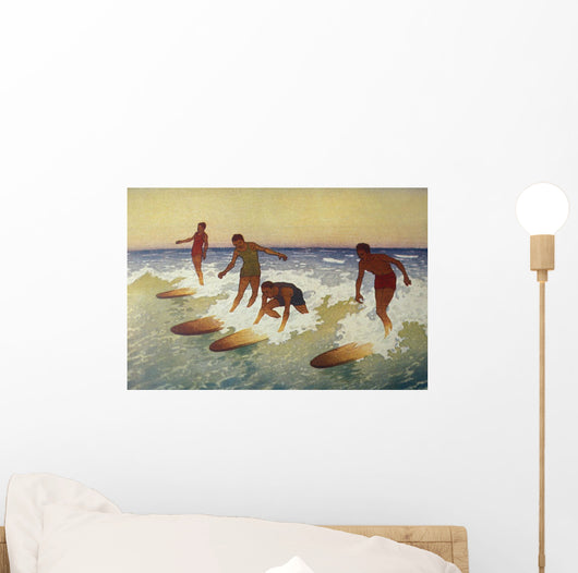 C1927 Hawaii, Painting, Charles Bartlett, 4 Surfers Catching A Wave Wall Mural