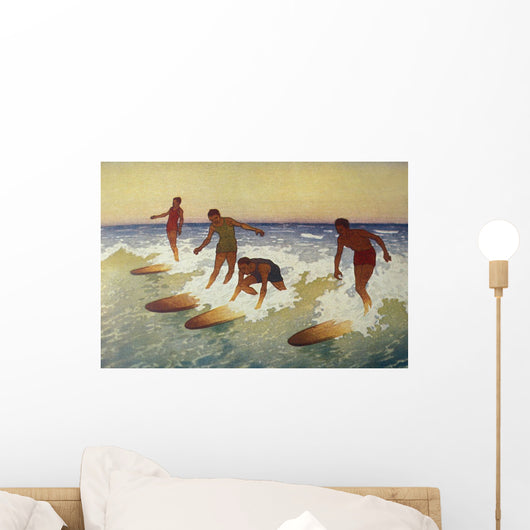 C1927 Hawaii, Painting, Charles Bartlett, 4 Surfers Catching A Wave Wall Mural