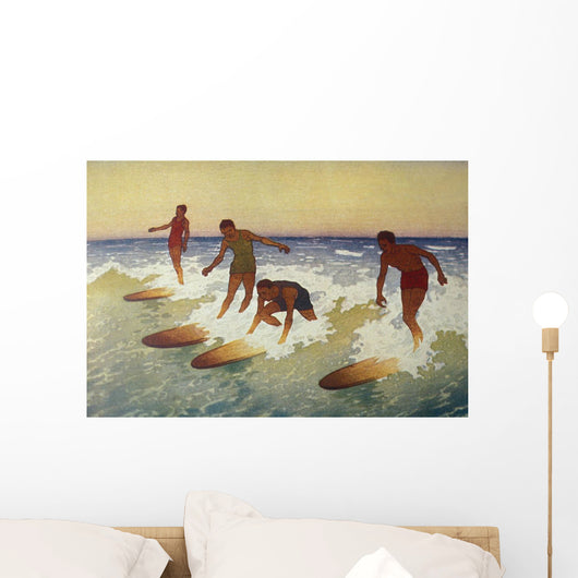 C1927 Hawaii, Painting, Charles Bartlett, 4 Surfers Catching A Wave Wall Mural
