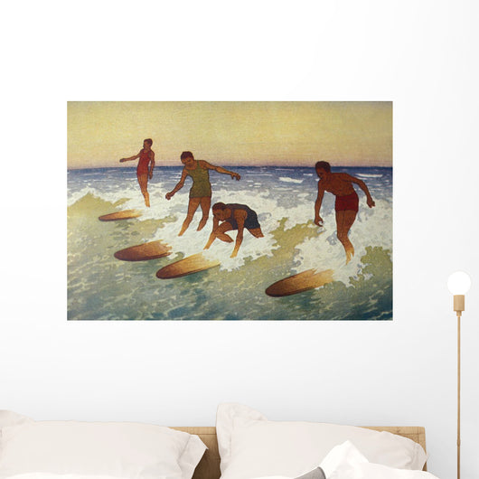 C1927 Hawaii, Painting, Charles Bartlett, 4 Surfers Catching A Wave Wall Mural