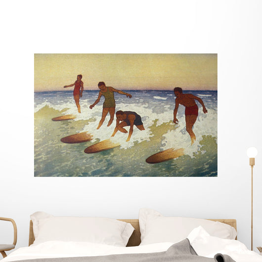 C1927 Hawaii, Painting, Charles Bartlett, 4 Surfers Catching A Wave Wall Mural