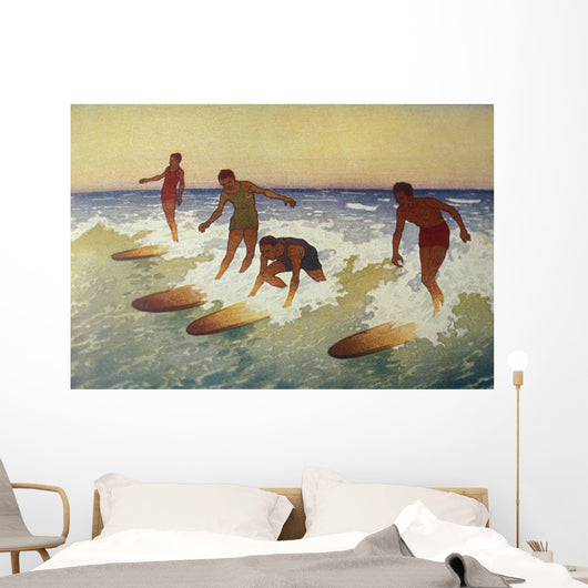 C1927 Hawaii, Painting, Charles Bartlett, 4 Surfers Catching A Wave Wall Mural