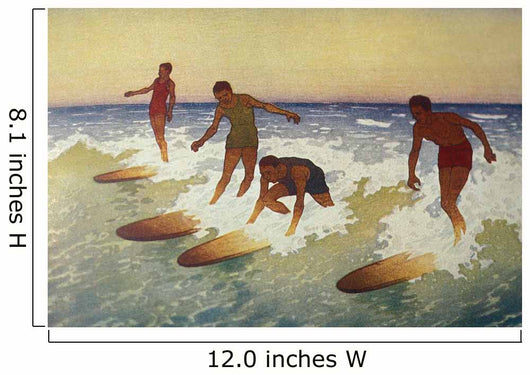 C1927 Hawaii, Painting, Charles Bartlett, 4 Surfers Catching A Wave Wall Mural
