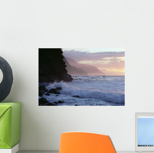 Hawaii, Kauai, Na Pali Coast, At Twilight, Rough Turbulent Ocean A40A Wall Mural