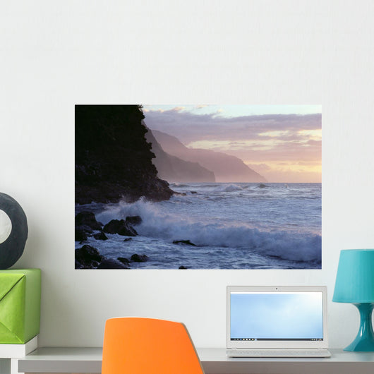 Hawaii, Kauai, Na Pali Coast, At Twilight, Rough Turbulent Ocean A40A Wall Mural