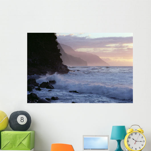 Hawaii, Kauai, Na Pali Coast, At Twilight, Rough Turbulent Ocean A40A Wall Mural
