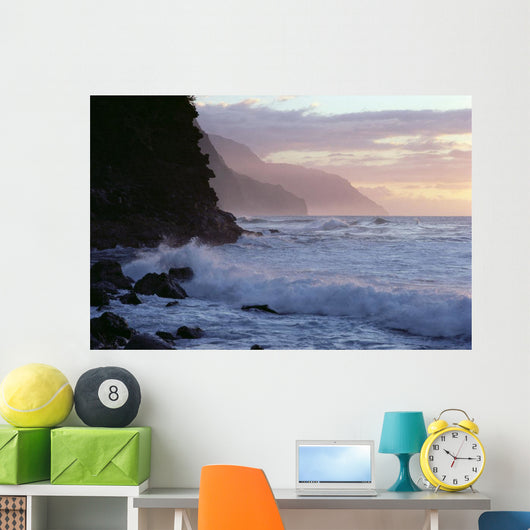 Hawaii, Kauai, Na Pali Coast, At Twilight, Rough Turbulent Ocean A40A Wall Mural