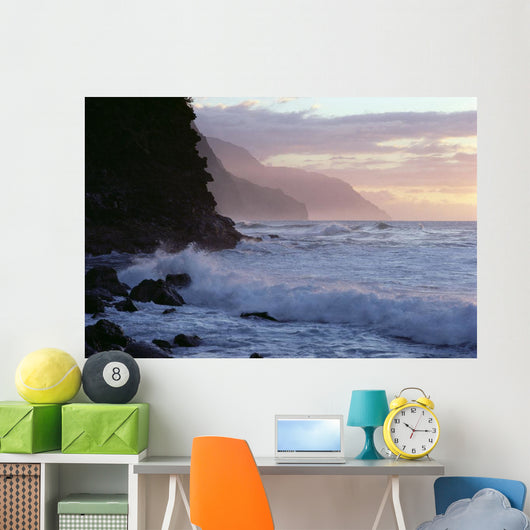 Hawaii, Kauai, Na Pali Coast, At Twilight, Rough Turbulent Ocean A40A Wall Mural