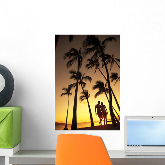Silhouette Of Romantic Couple In Park At Sunset Wall Mural