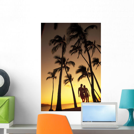 Silhouette Of Romantic Couple In Park At Sunset Wall Mural