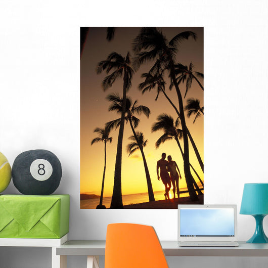 Silhouette Of Romantic Couple In Park At Sunset Wall Mural