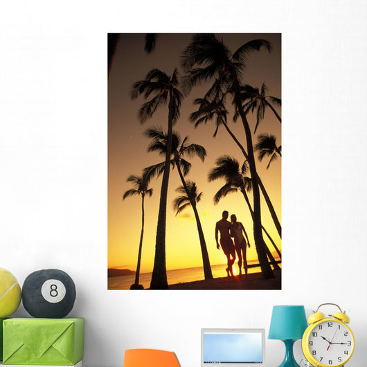 Silhouette Of Romantic Couple In Park At Sunset Wall Mural