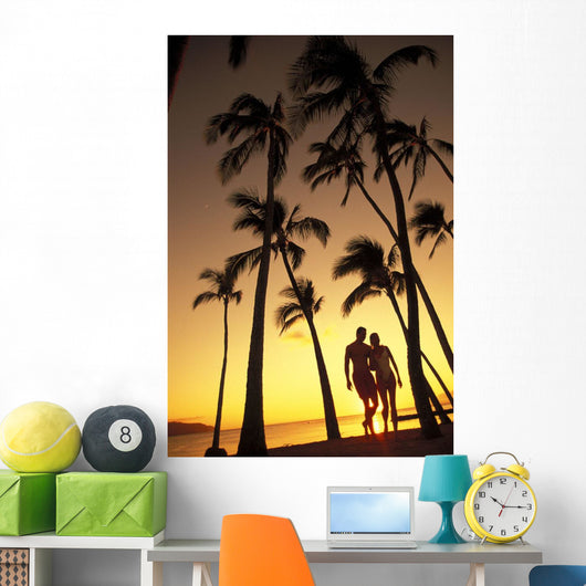 Silhouette Of Romantic Couple In Park At Sunset Wall Mural