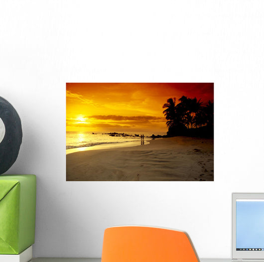 Hawaii, Maui, Makena Beach, Couple Walk Along Beach At Sunset, Above Wall Mural
